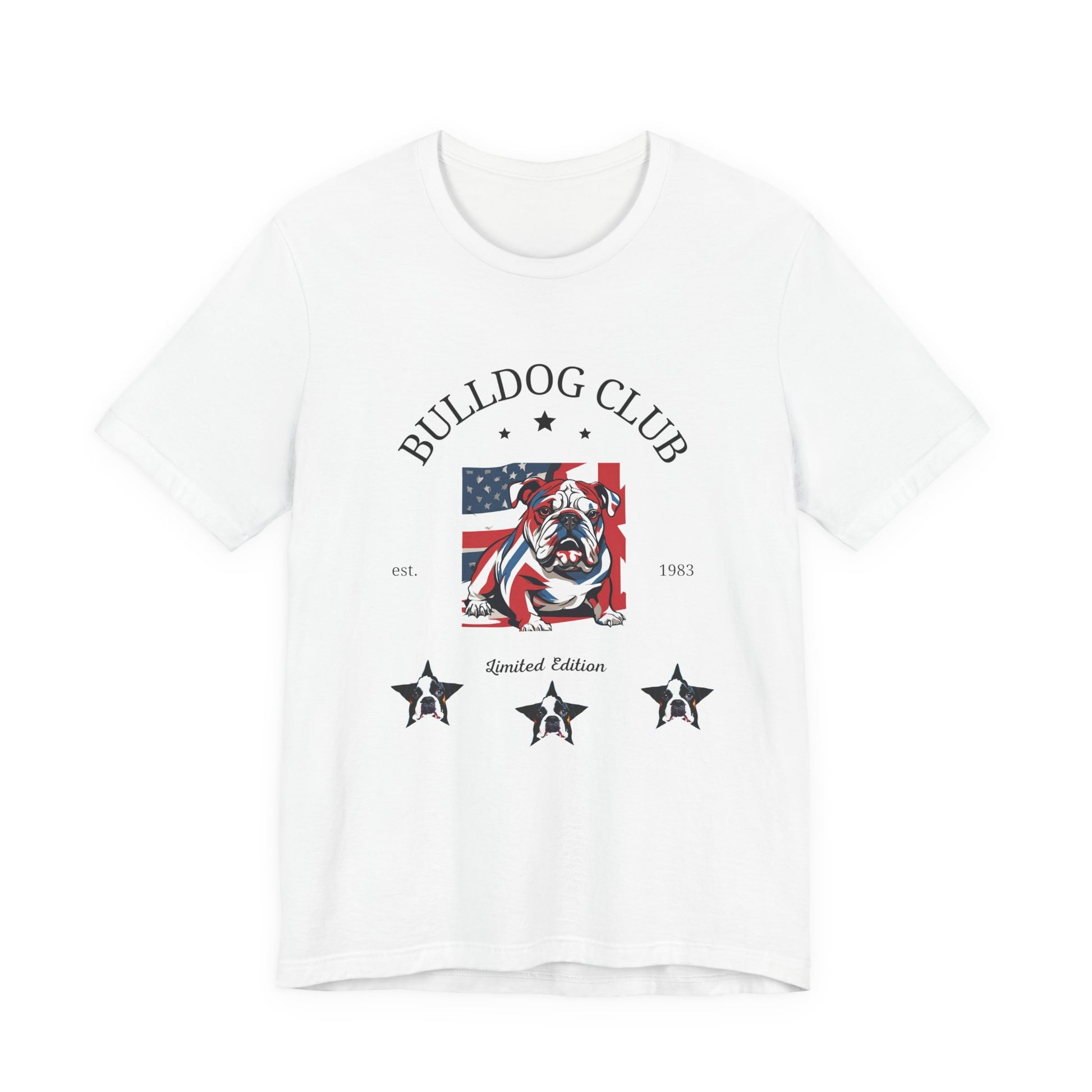 Bulldog Club t-shirt in White — vintage American flag bulldog graphic tee, front view