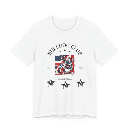 Bulldog Club t-shirt in White — vintage American flag bulldog graphic tee, front view