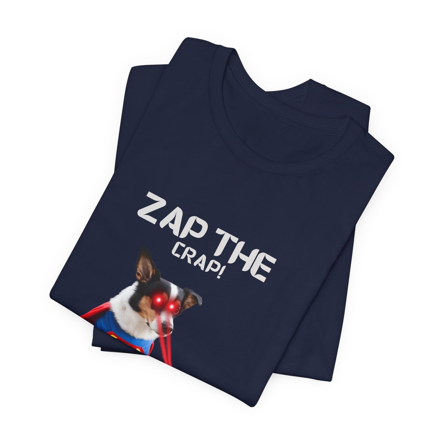 Laser Poo Edition dog tee — Navy, modelled front view, SniffWaggleNWalk™ original artwork