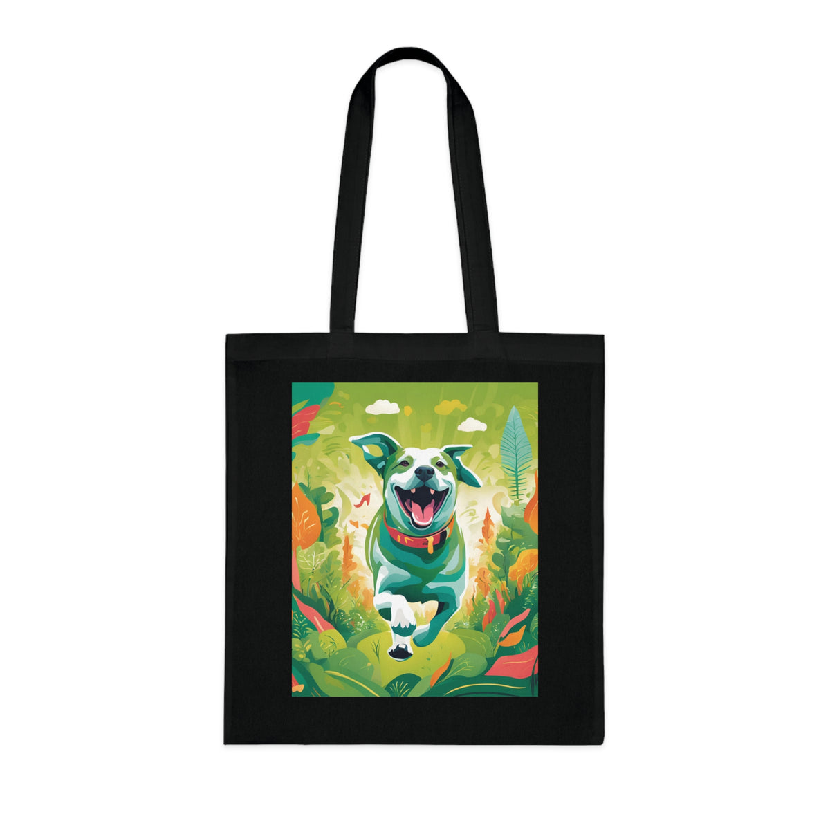 SniffWaggleNWalk™ dog art tote in black showing vivid painted dog print contrast
