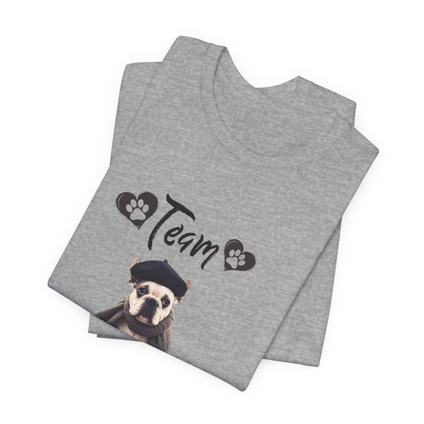 Team Frenchie French Bulldog t-shirt styled outfit, lifestyle photo