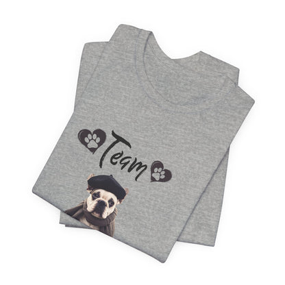 Team Frenchie French Bulldog t-shirt styled outfit, lifestyle photo