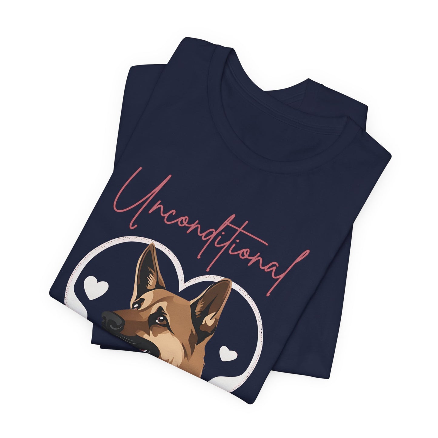 Unconditional Love German Shepherd t-shirt in Navy, folded view showing heart-framed print