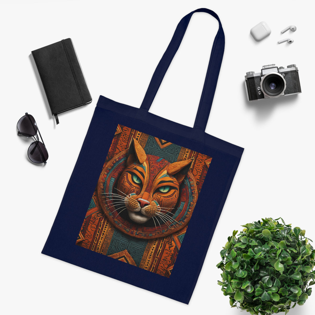 Egyptian cat tote bag in navy shown open — spacious 42x38cm interior, ideal for shopping or books