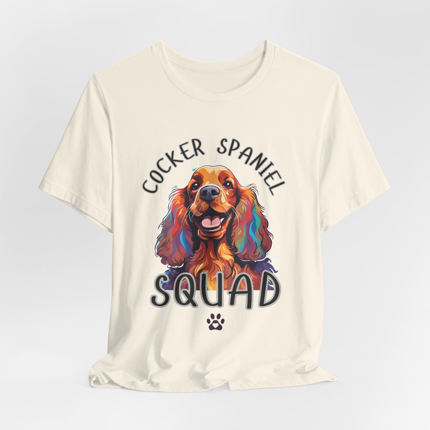 Cocker Spaniel Squad pop-art t-shirt in Natural, hanging front view