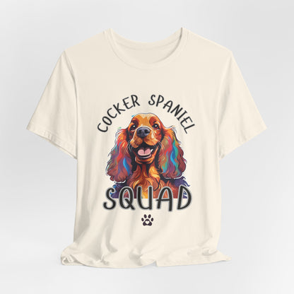Cocker Spaniel Squad pop-art t-shirt in Natural, hanging front view