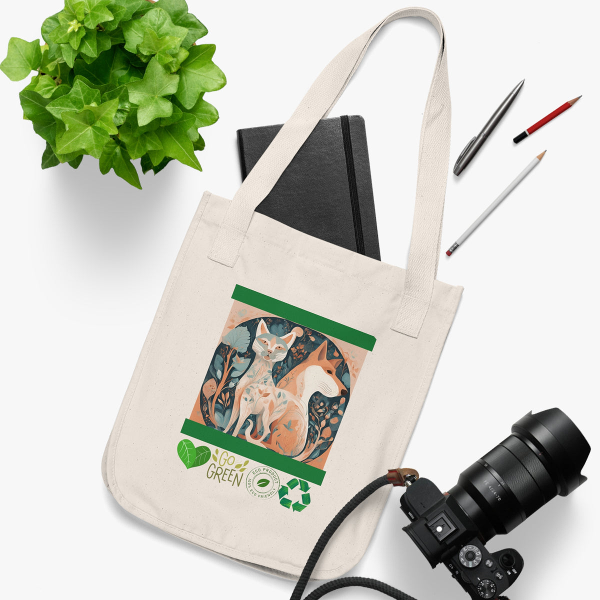 Nature-inspired organic dog tote bag in navy colourway — front view on white background