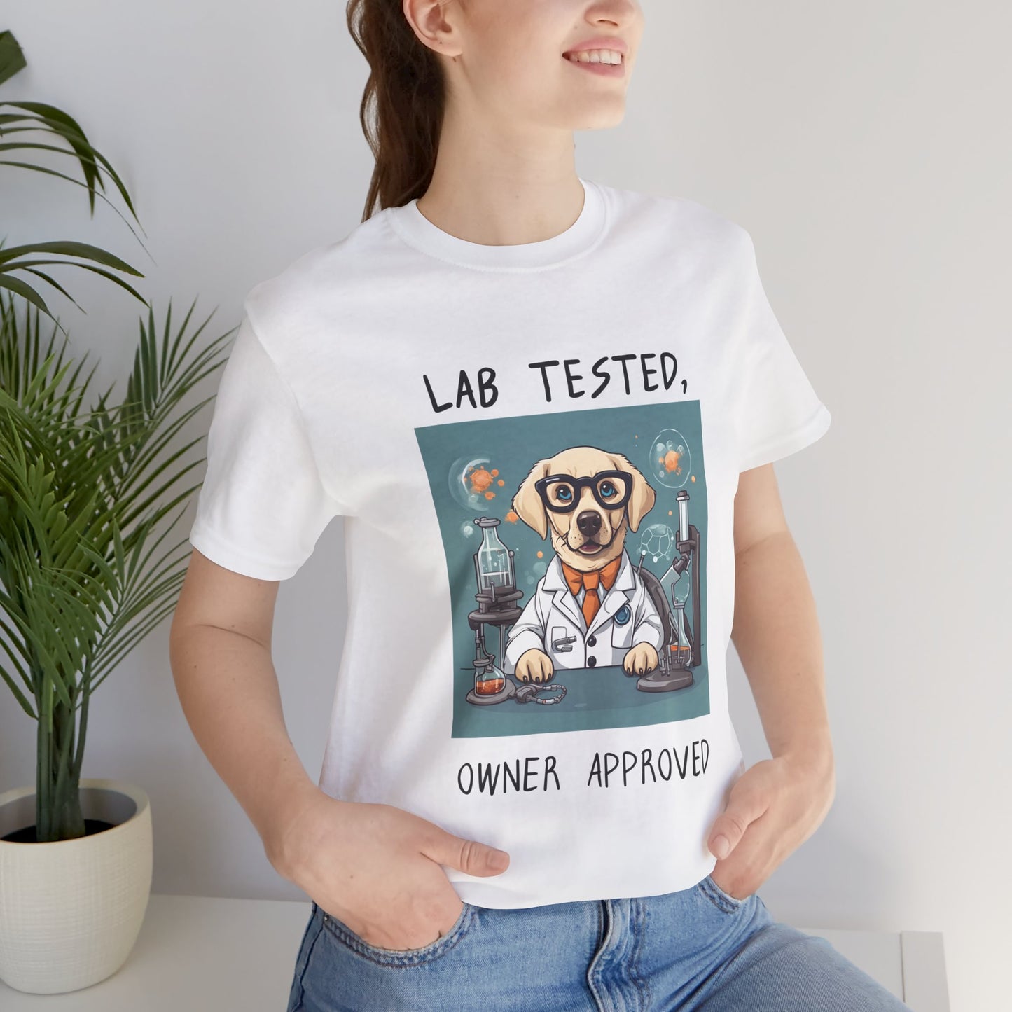 Lab Tested Owner Approved Labrador t-shirt in White worn by a model, front view