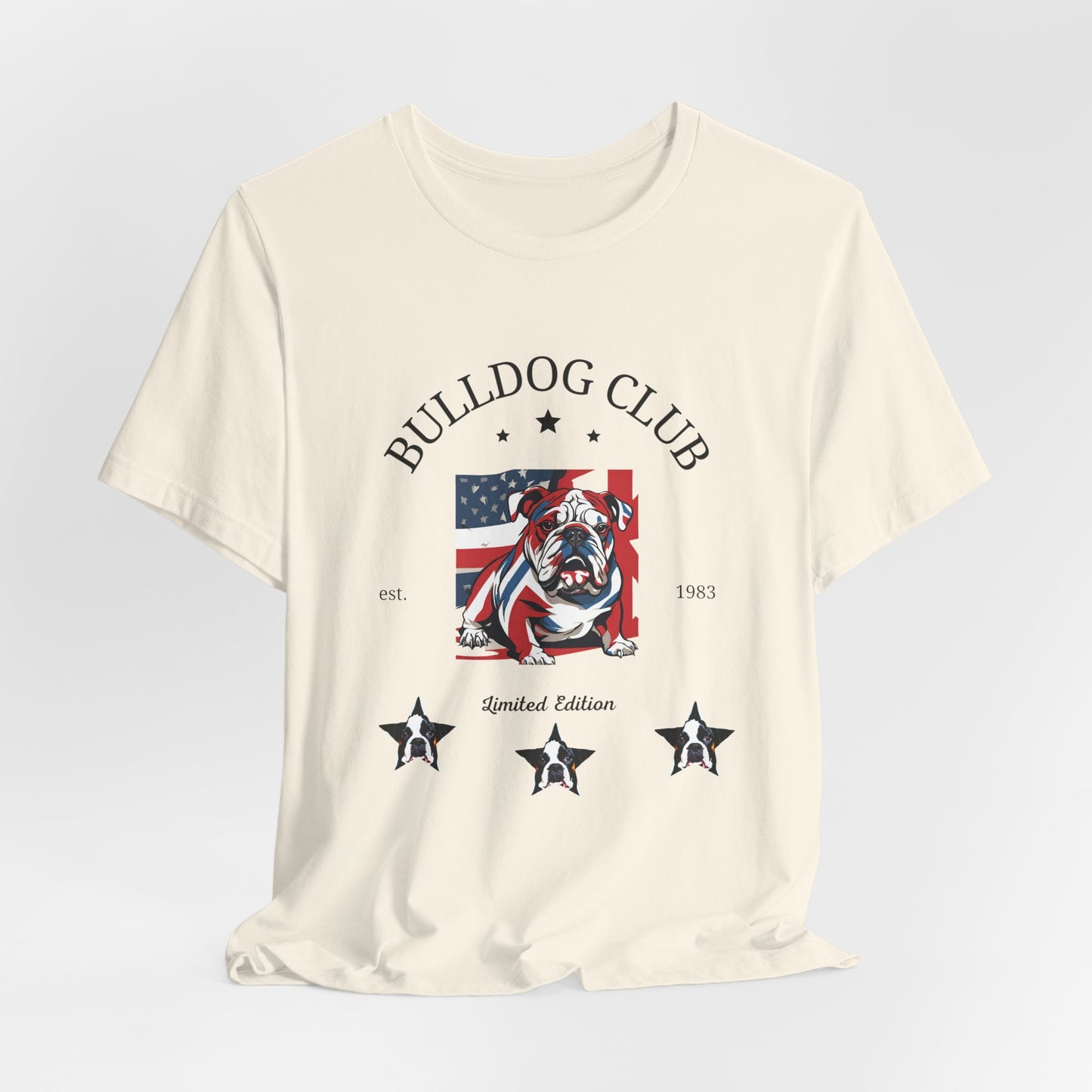 Natural Bulldog Club graphic tee draped flat showing varsity crest print