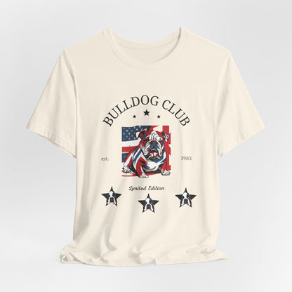 Natural Bulldog Club graphic tee draped flat showing varsity crest print