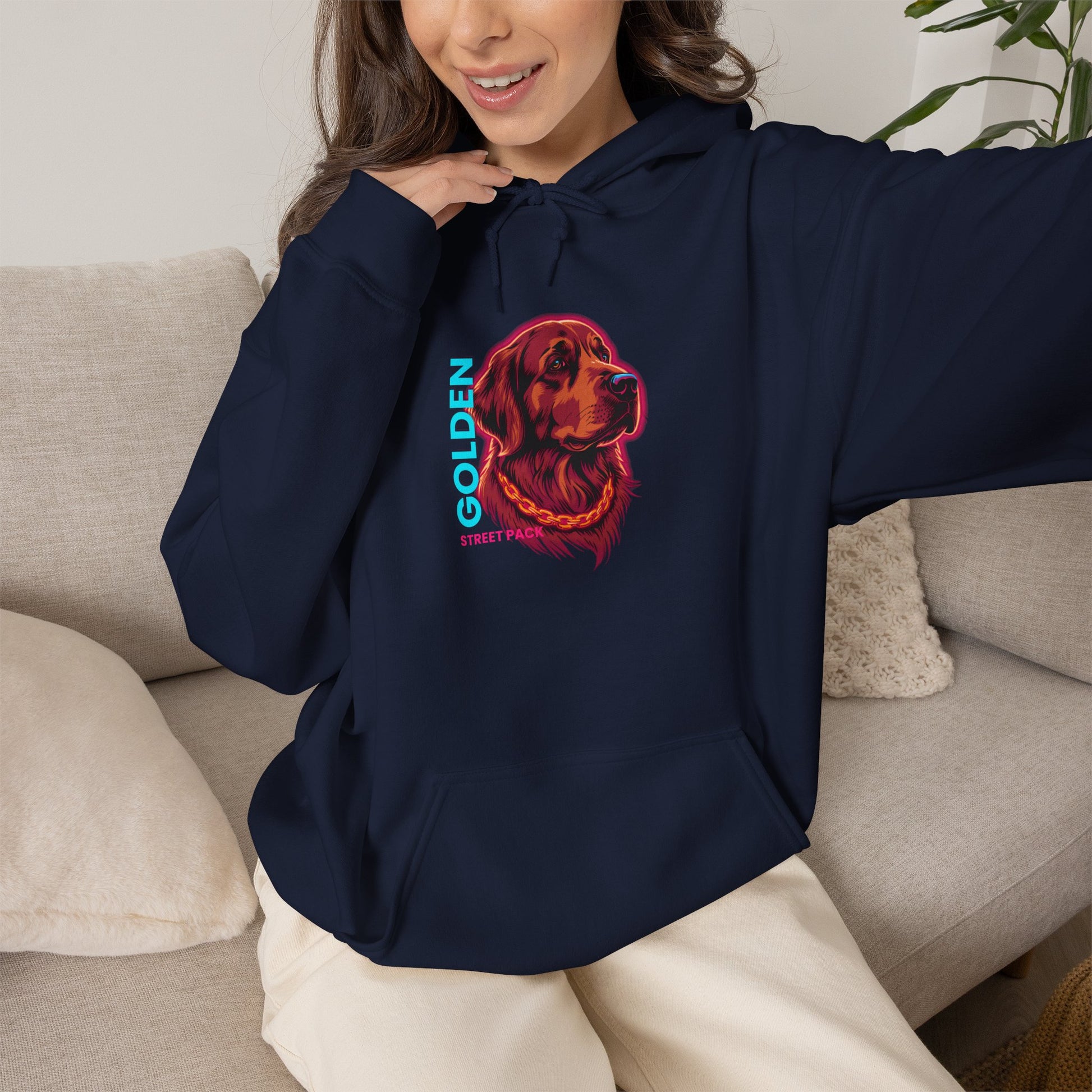 Golden Retriever neon hoodie folded flat showing dark fabric