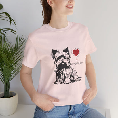 Woman wearing Soft Pink Proud Yorkie Parent t-shirt with Yorkshire Terrier heart design