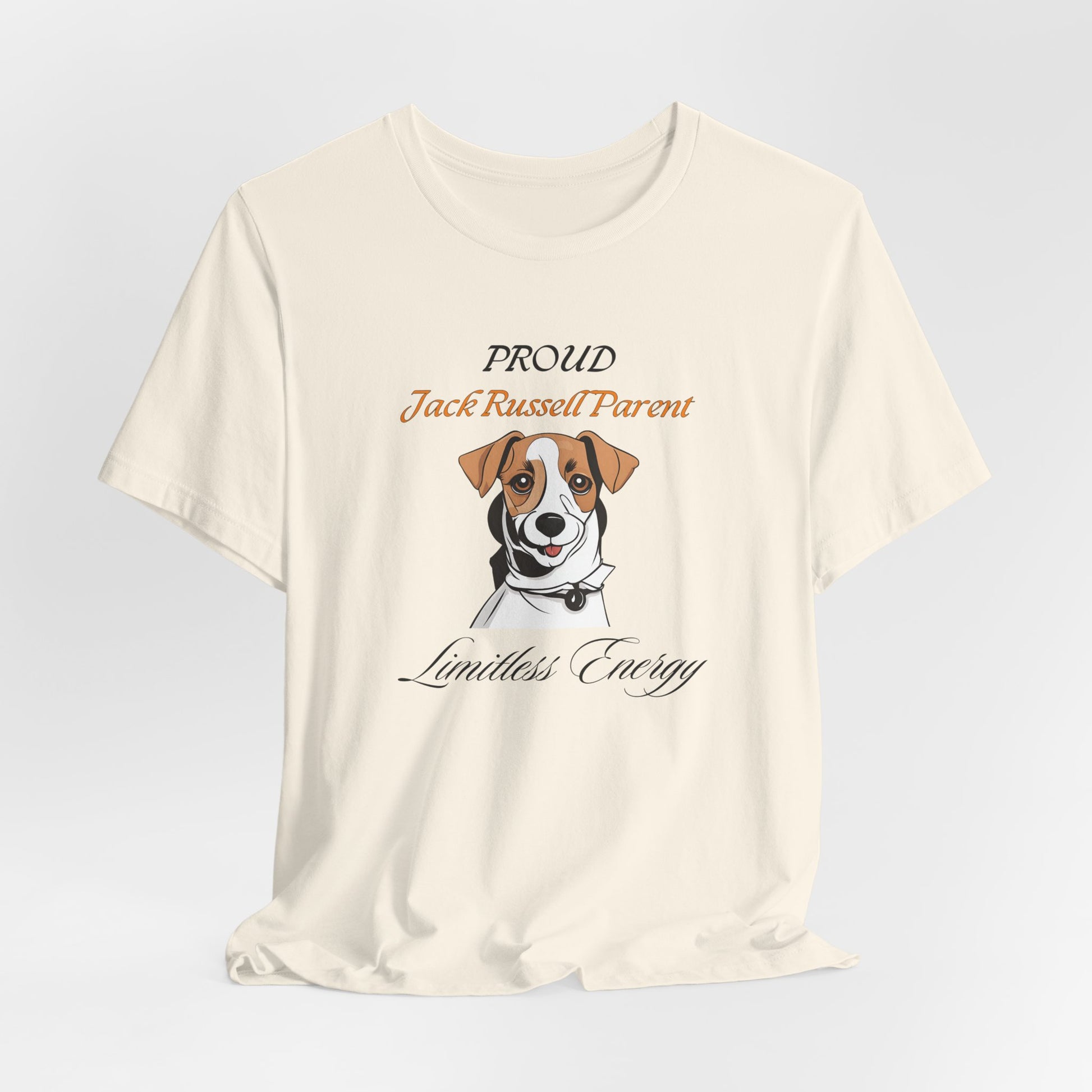 Proud Jack Russell Parent t-shirt on hanger, full garment view
