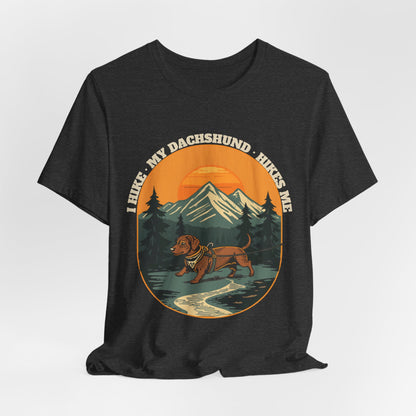 Maroon sausage dog hiking t-shirt lifestyle shot