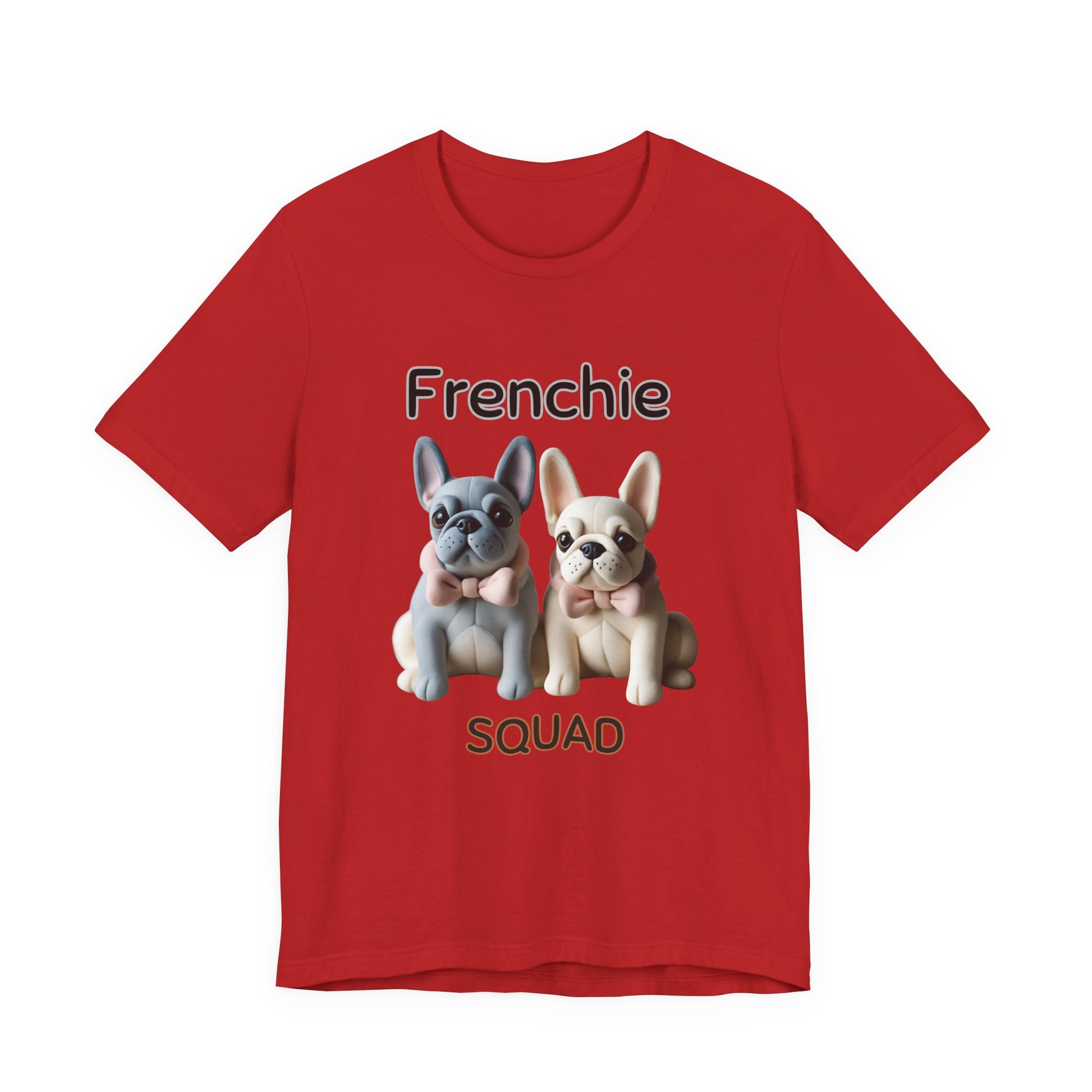 Frenchie Squad t-shirt in Red — cute French Bulldog pups in bow ties graphic tee, front view