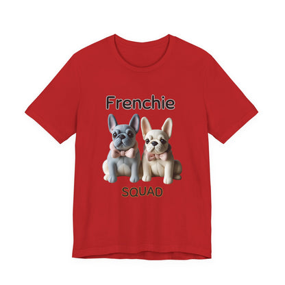 Frenchie Squad t-shirt in Red — cute French Bulldog pups in bow ties graphic tee, front view