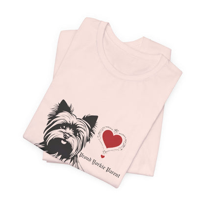 Folded Soft Pink Proud Yorkie Parent t-shirt with Yorkie heart design