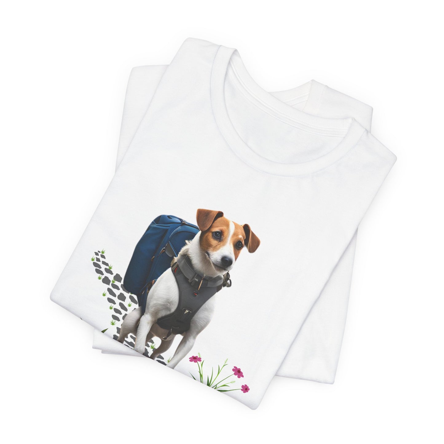 Folded White Jack Russell Adventure Buddy t-shirt with hiking terrier print