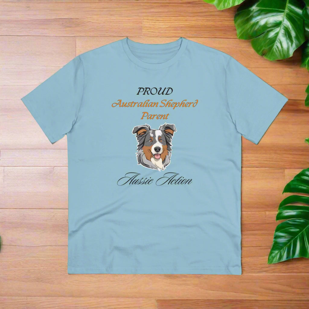 PROUD AUSTRALIAN SHEPHARD PARENT "Aussie Action" Soft Organic T-shirt - Unisex - Sniff Waggle And Walk BLUE