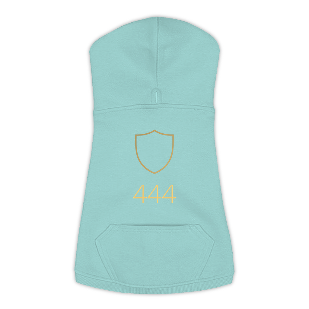 444 Angel Number dog hoodie in Saltwater — gold shield emblem and '444' print on Doggie Skins fleece pullover