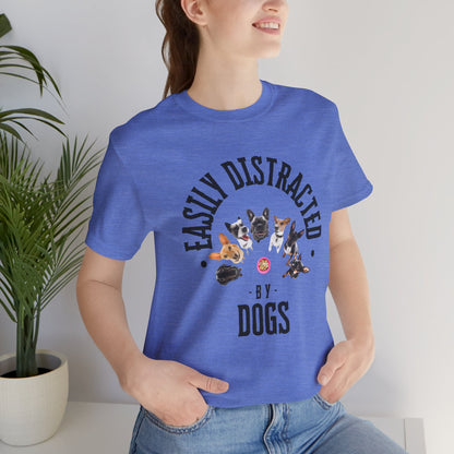 Easily Distracted by Dogs T-Shirt — Red — worn lifestyle photo — SniffWaggleNWalk™