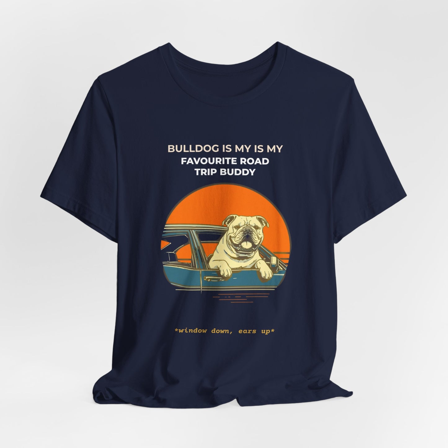 Bulldog Road Trip Tee — "Bulldog Is My Favourite Road Trip Buddy" Vintage Sunset Dog T-Shirt