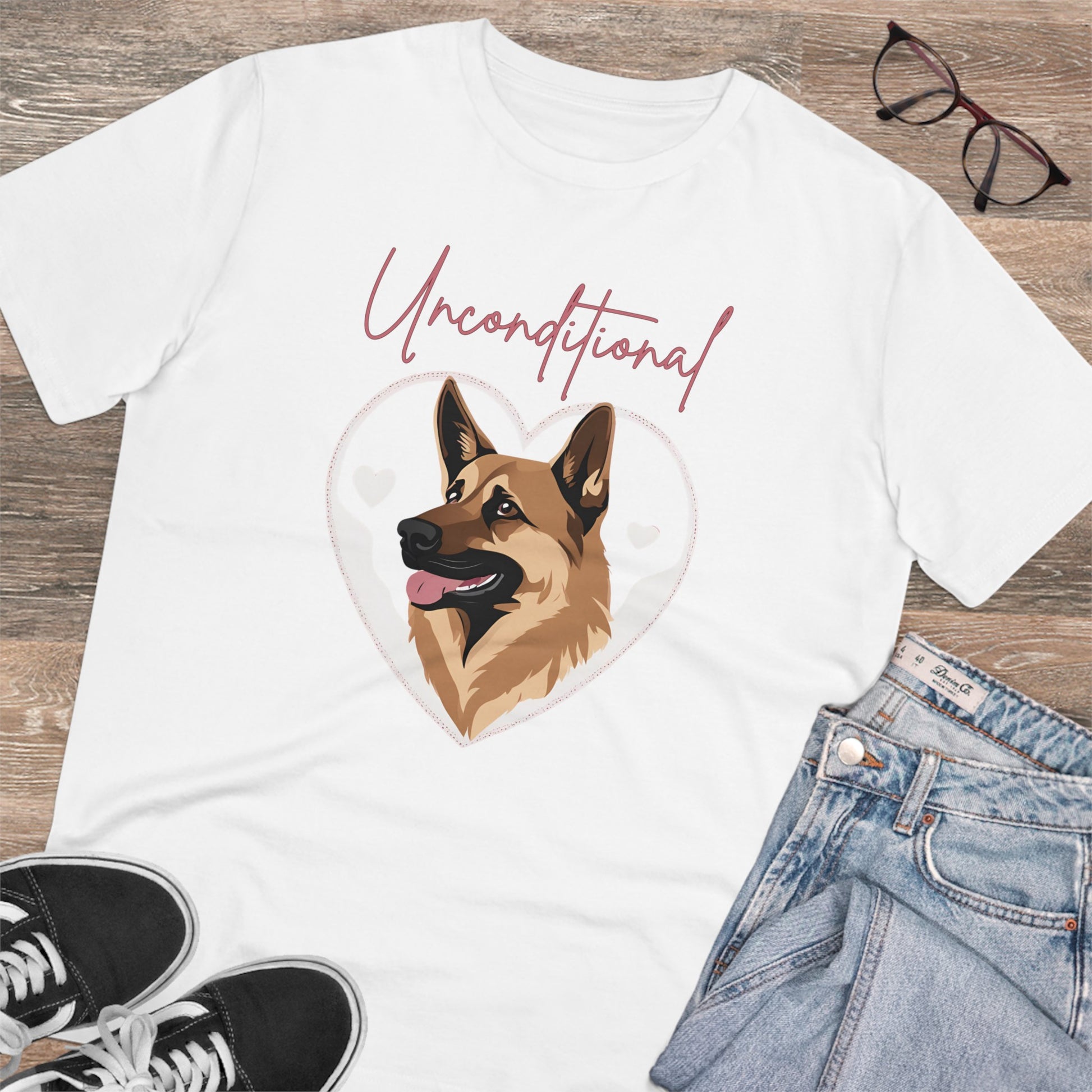 "UNCONDITIONAL LOVE" Organic T-shirt - Unisex FEATURING A GERMAN SHEPHERD - Sniff Waggle And Walk