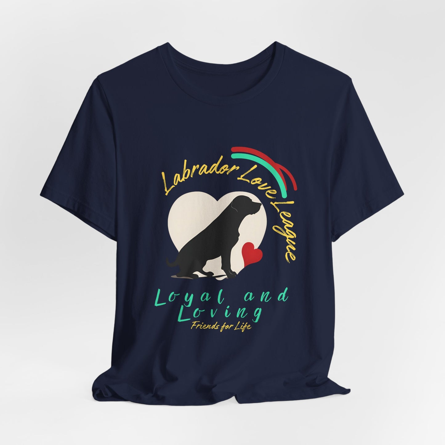 Navy Labrador Love League graphic tee laid flat showing Lab and rainbow print