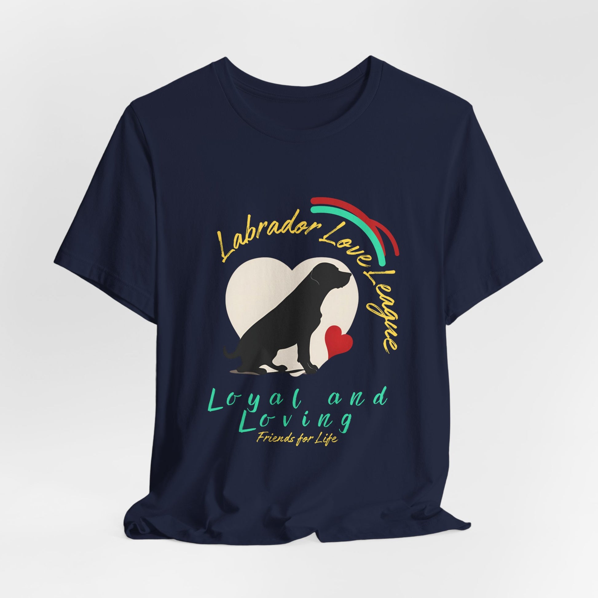 Navy Labrador Love League graphic tee laid flat showing Lab and rainbow print