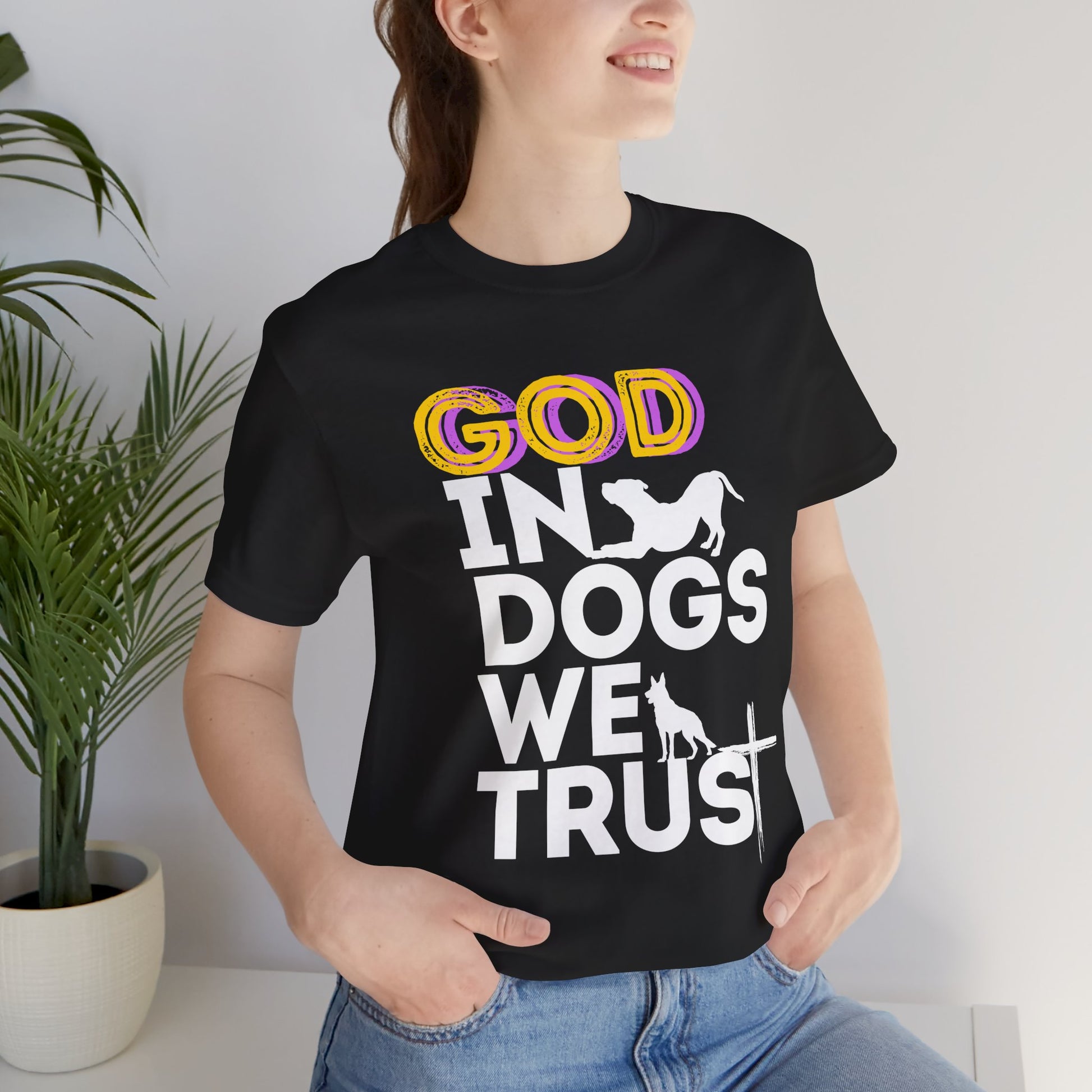 God in Dogs We Trust Christian dog t-shirt in Black, front view