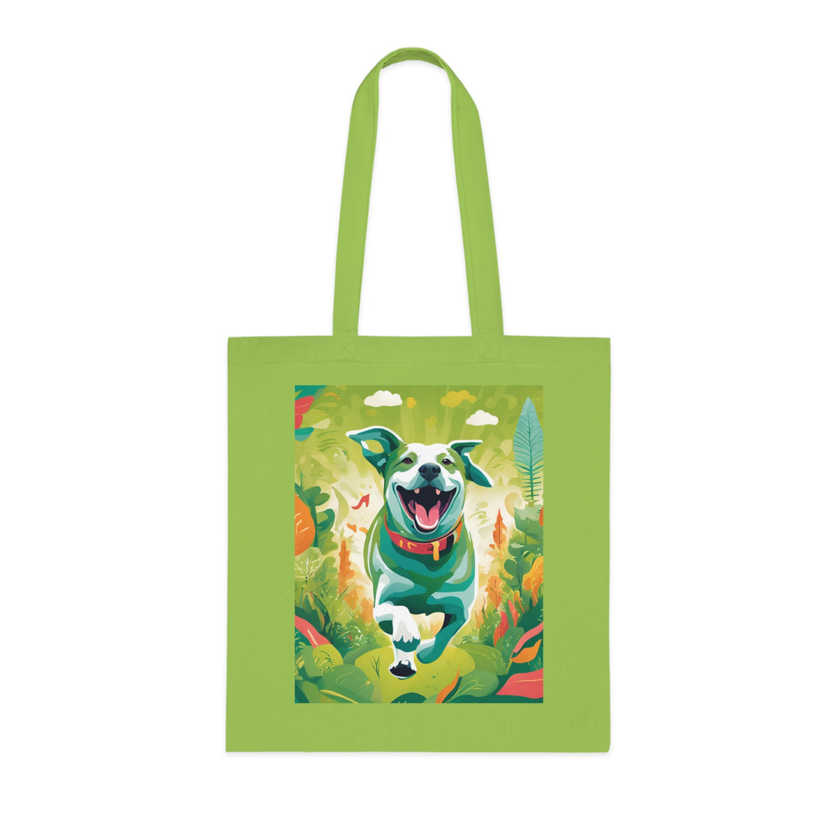 Dog art cotton tote bag in lime colourway showing bold painted dog design