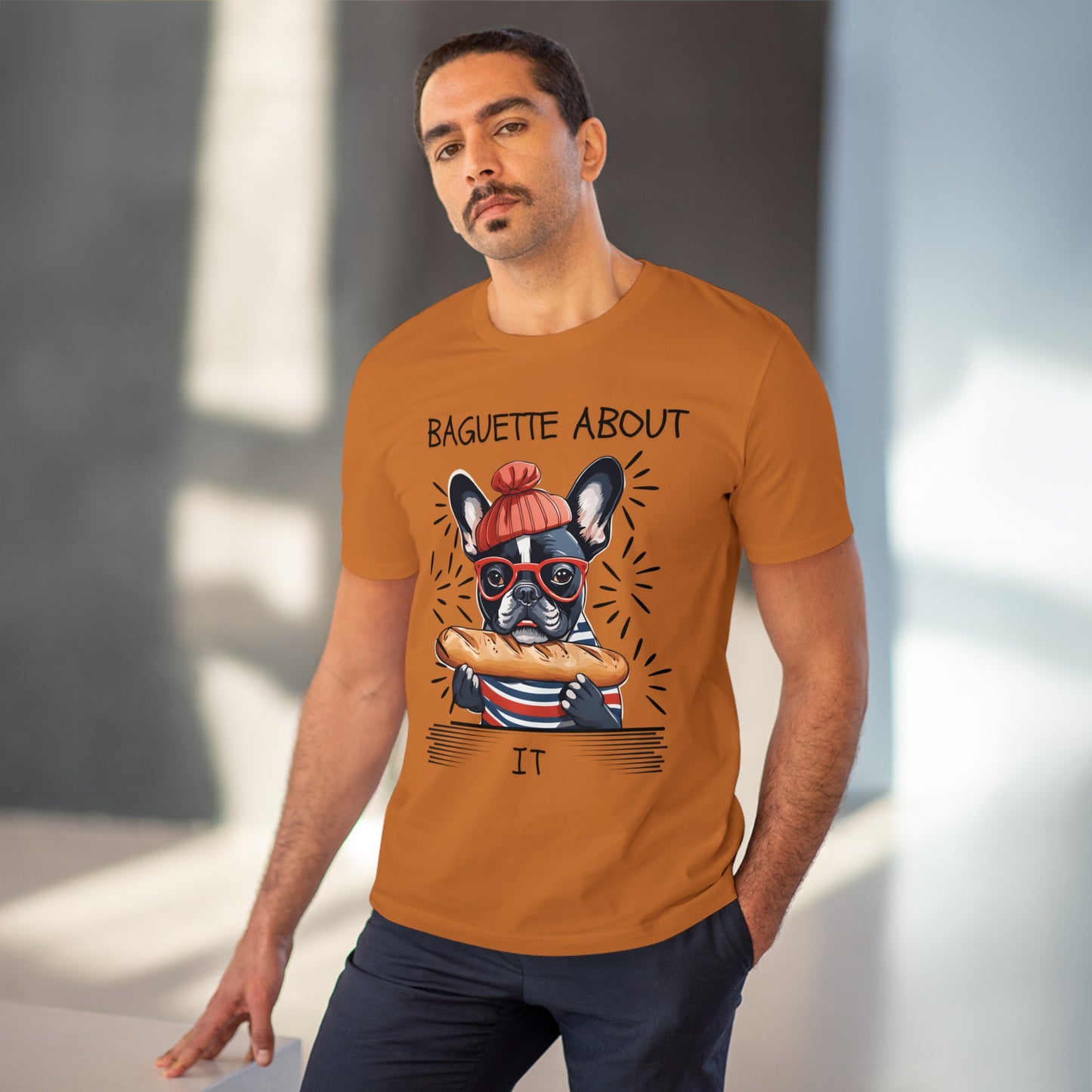 "BAGUETTE ABOUT IT" featuring a french bulldog - Organic Creator T-shirt - Unisex by SniffWaggleAndWalk™ - Sniff Waggle And Walk