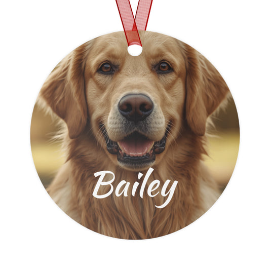 Personalized Dog Photo Metal Ornament – Custom Pet Name (e.g., Bailey)
