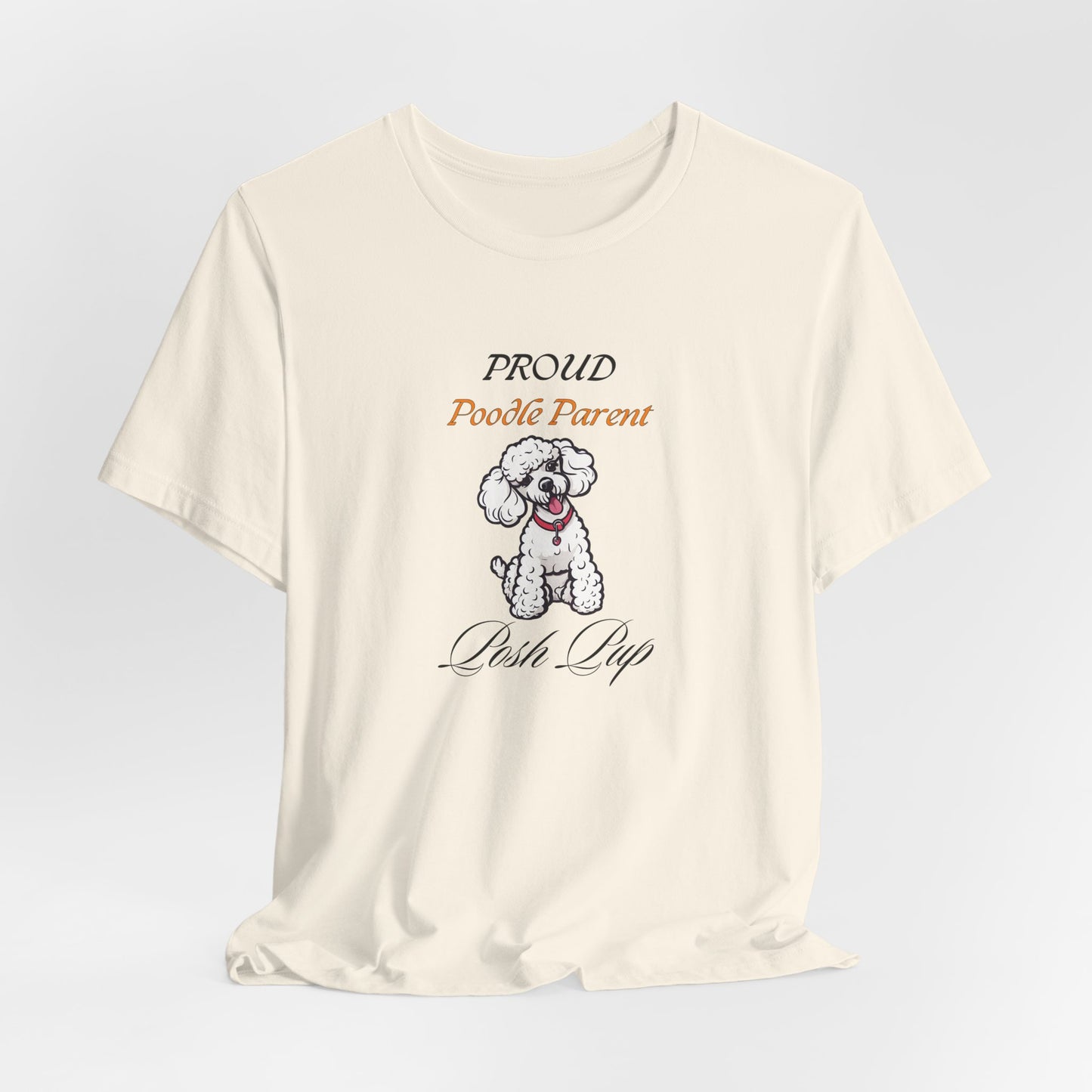 Proud Poodle Parent t-shirt on a hanger showing the drape
