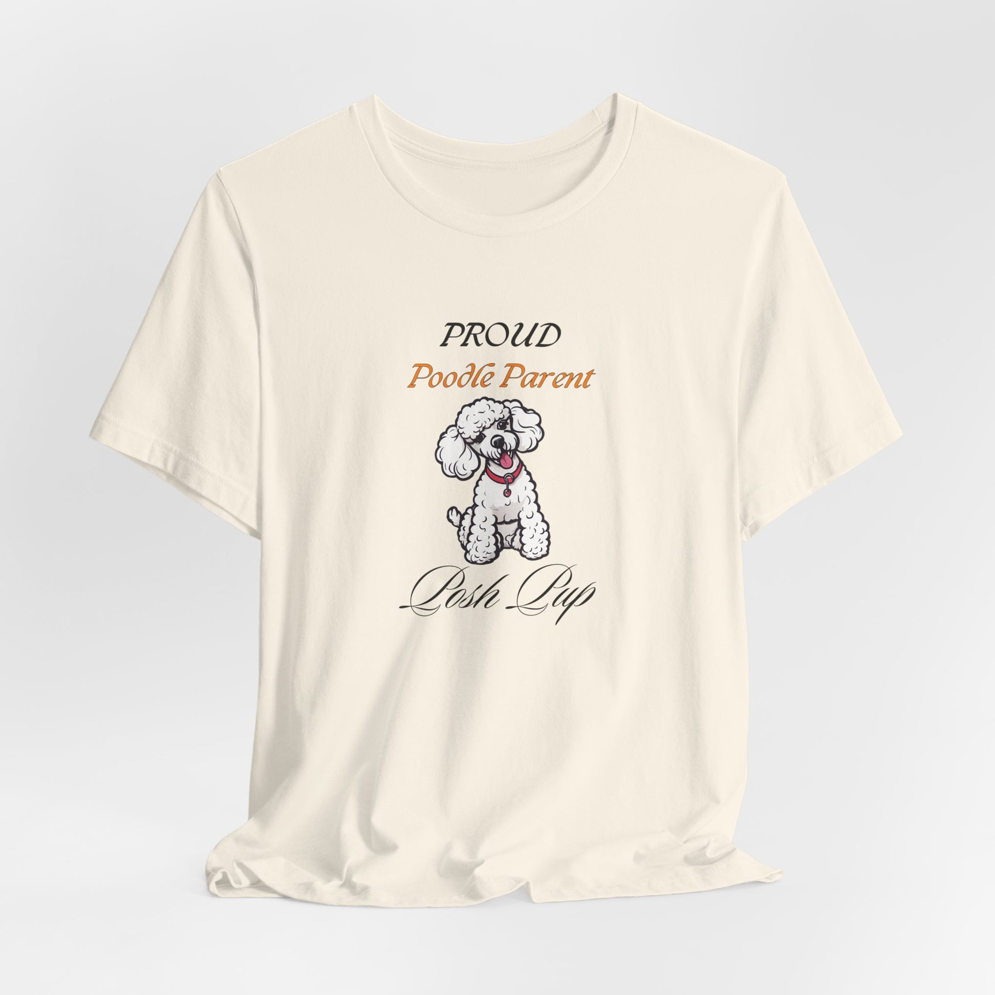 Proud Poodle Parent t-shirt on a hanger showing the drape