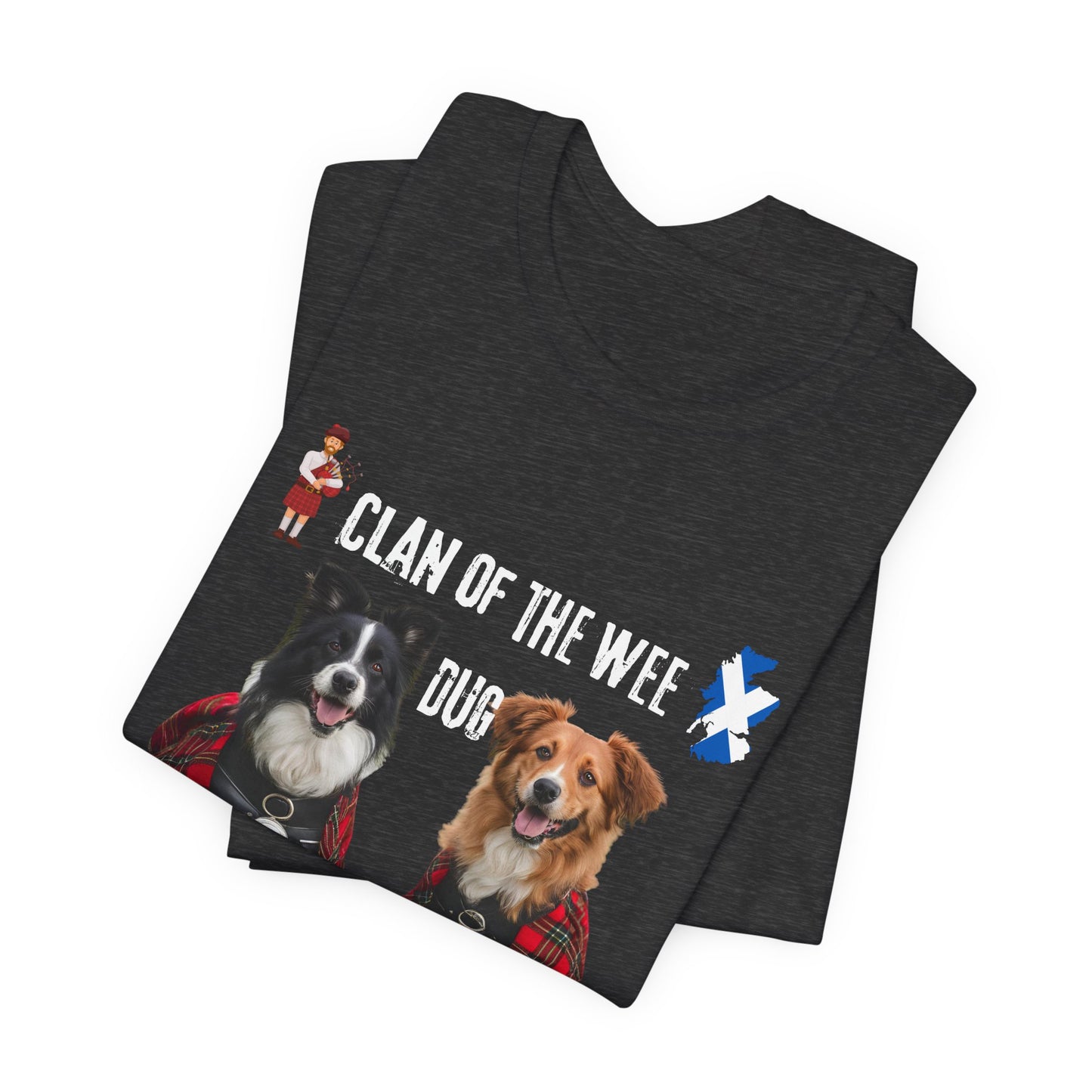 Clan of the Wee Dug grey heather t-shirt product photo, funny Scottish dog slogan tee SniffWaggleNWalk
