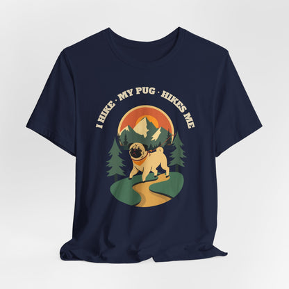 Black pug hiking t-shirt worn on a dog walk