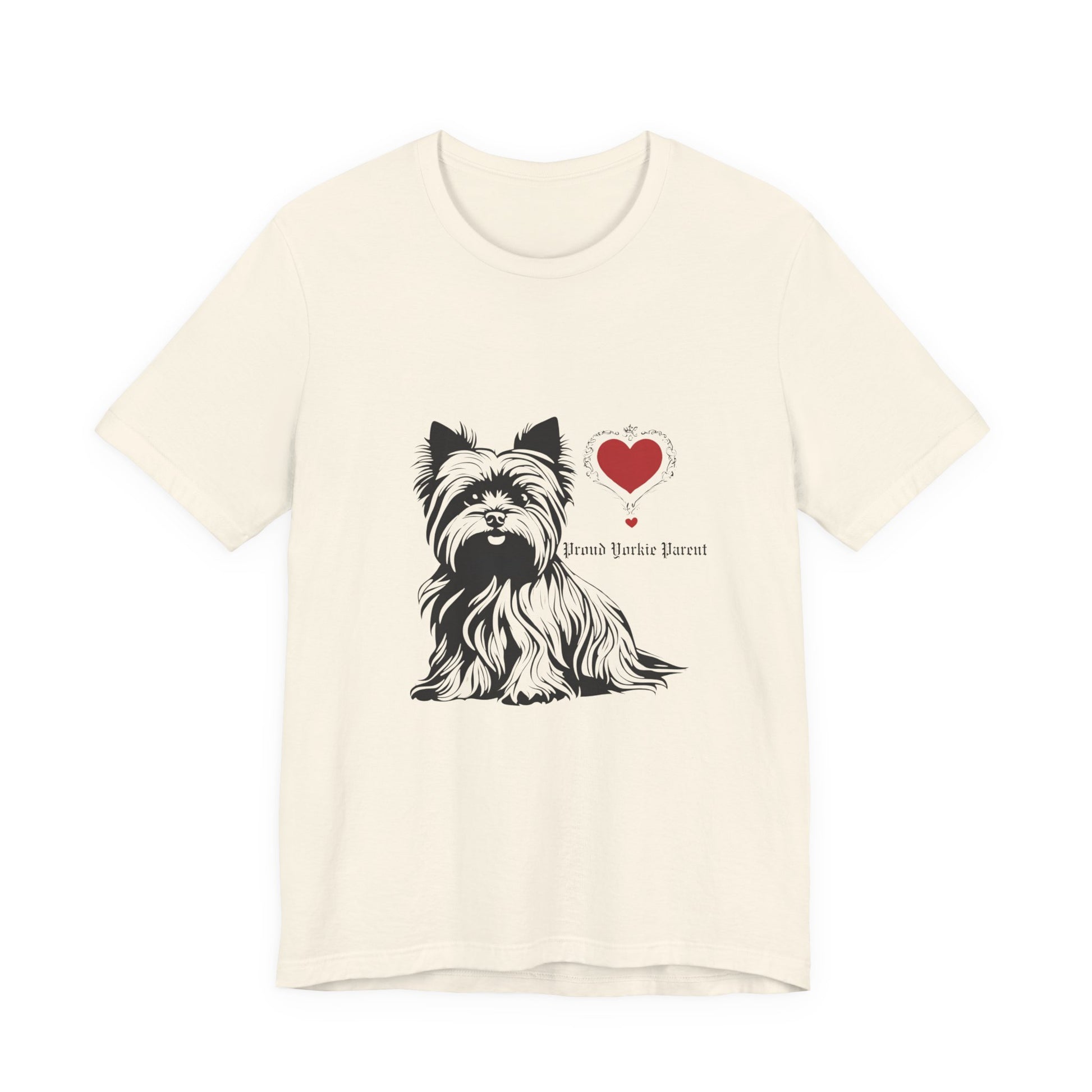 Proud Yorkie Parent t-shirt in Natural — Yorkshire Terrier heart graphic tee, front view