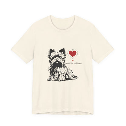 Proud Yorkie Parent t-shirt in Natural — Yorkshire Terrier heart graphic tee, front view