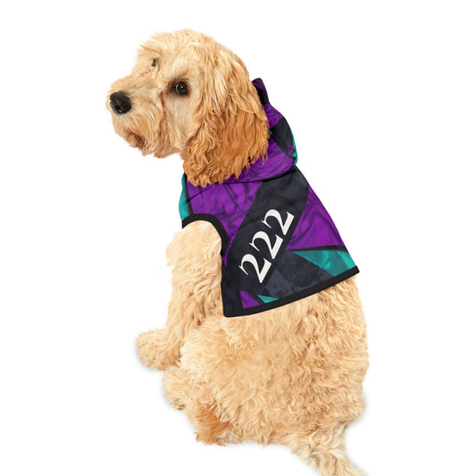 Dog wearing 222 alignment hoodie with geometric night-sky pattern