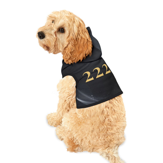 Black dog hoodie with 222 angel number design in soft gold galaxy style