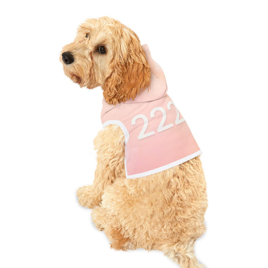 Soft peach angel number 222 hoodie on dog, calm spiritual design