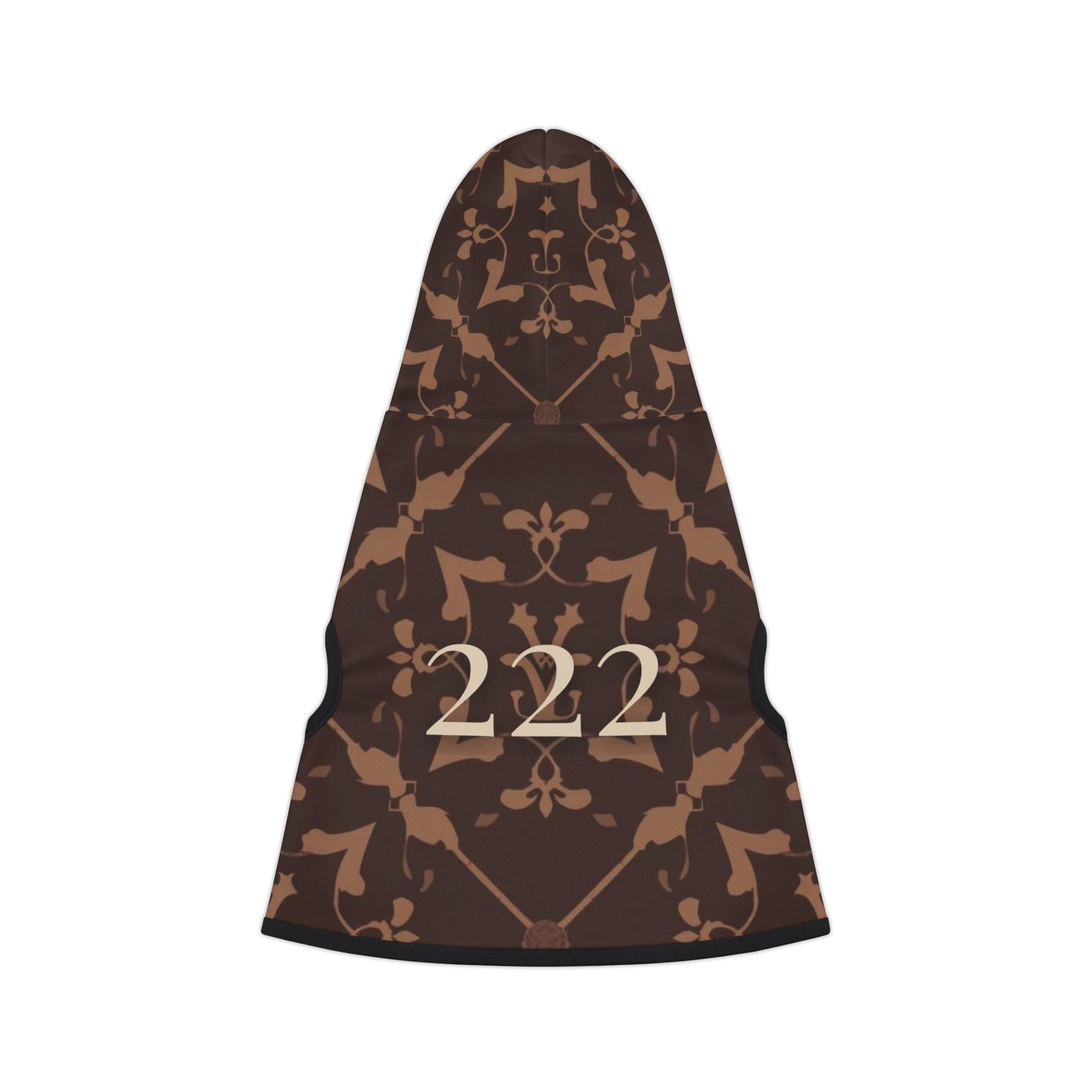 Close-up of 222 angel number design on heirloom dog hoodie
