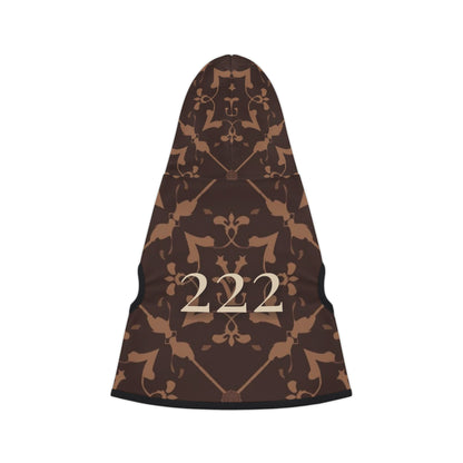 Close-up of 222 angel number design on heirloom dog hoodie