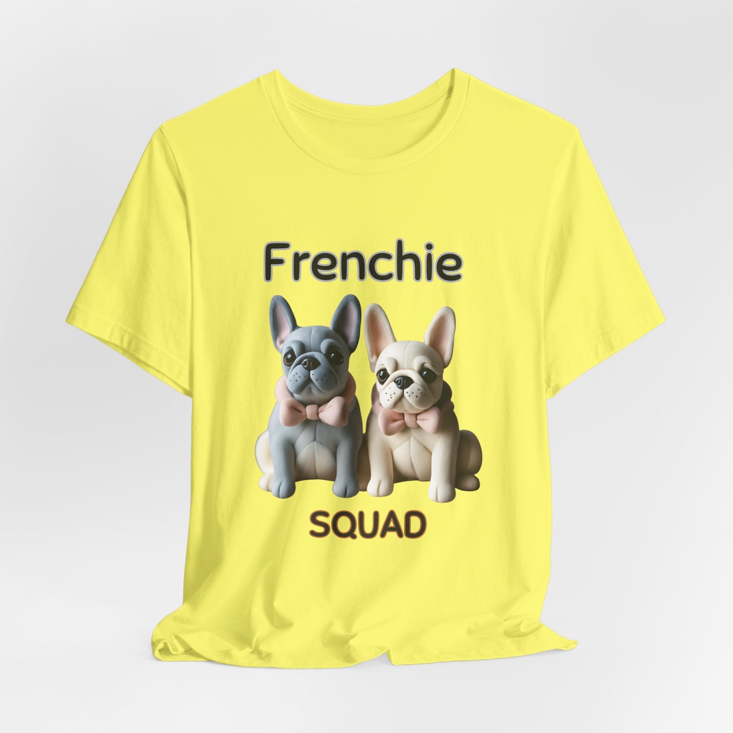 Yellow Frenchie Squad graphic tee laid flat showing cute Frenchie duo print
