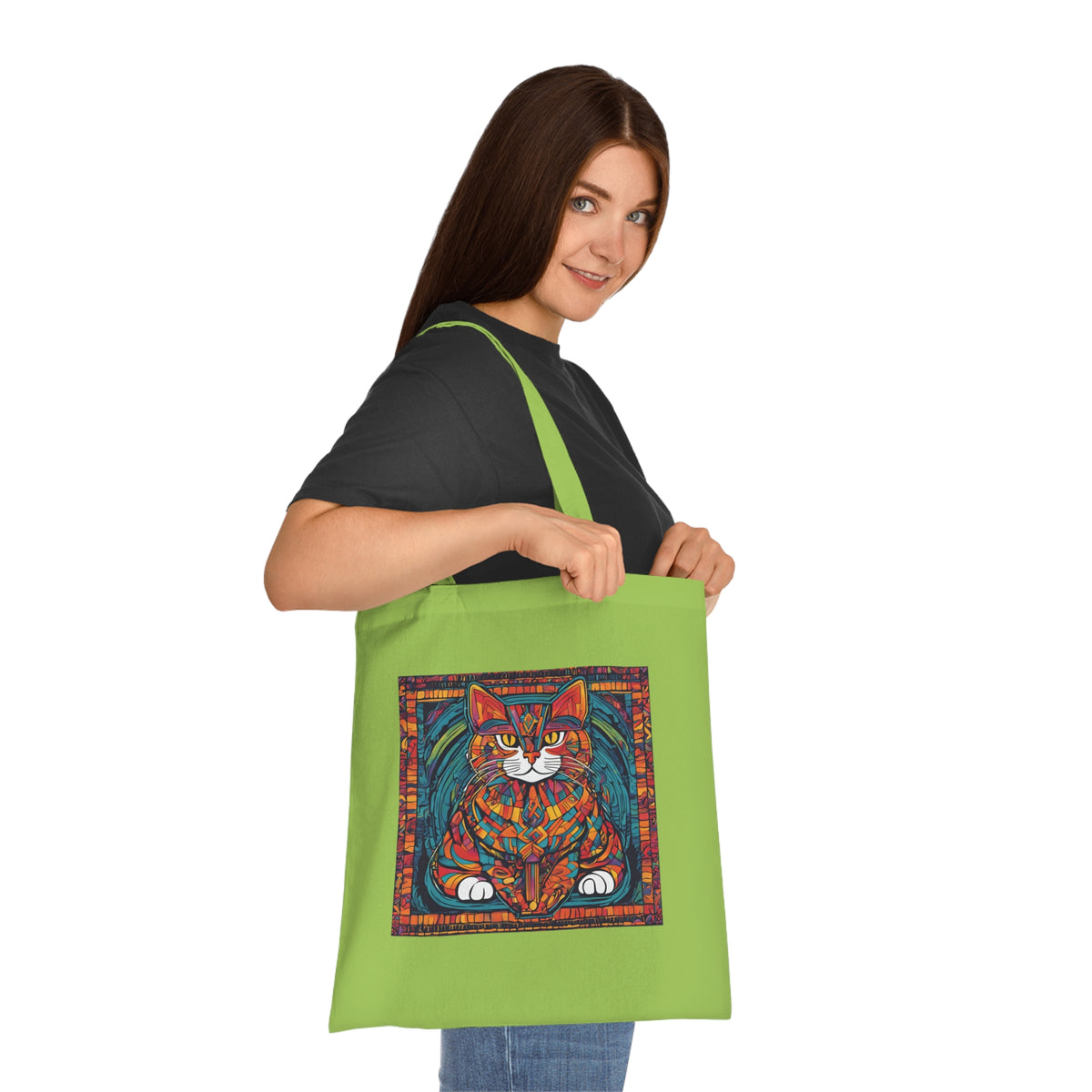 Stained glass cat tote bag in lime on white background — gift for cat lover who appreciates art and craft