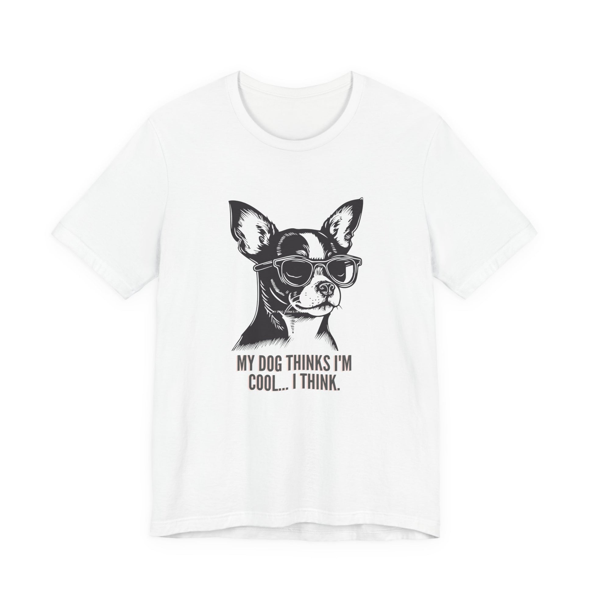 Close-up of black line-art chihuahua in sunglasses print on dog lover t-shirt