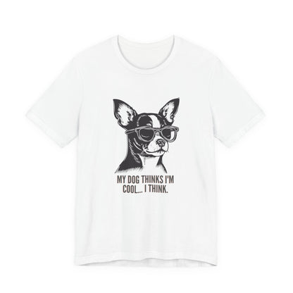 Close-up of black line-art chihuahua in sunglasses print on dog lover t-shirt