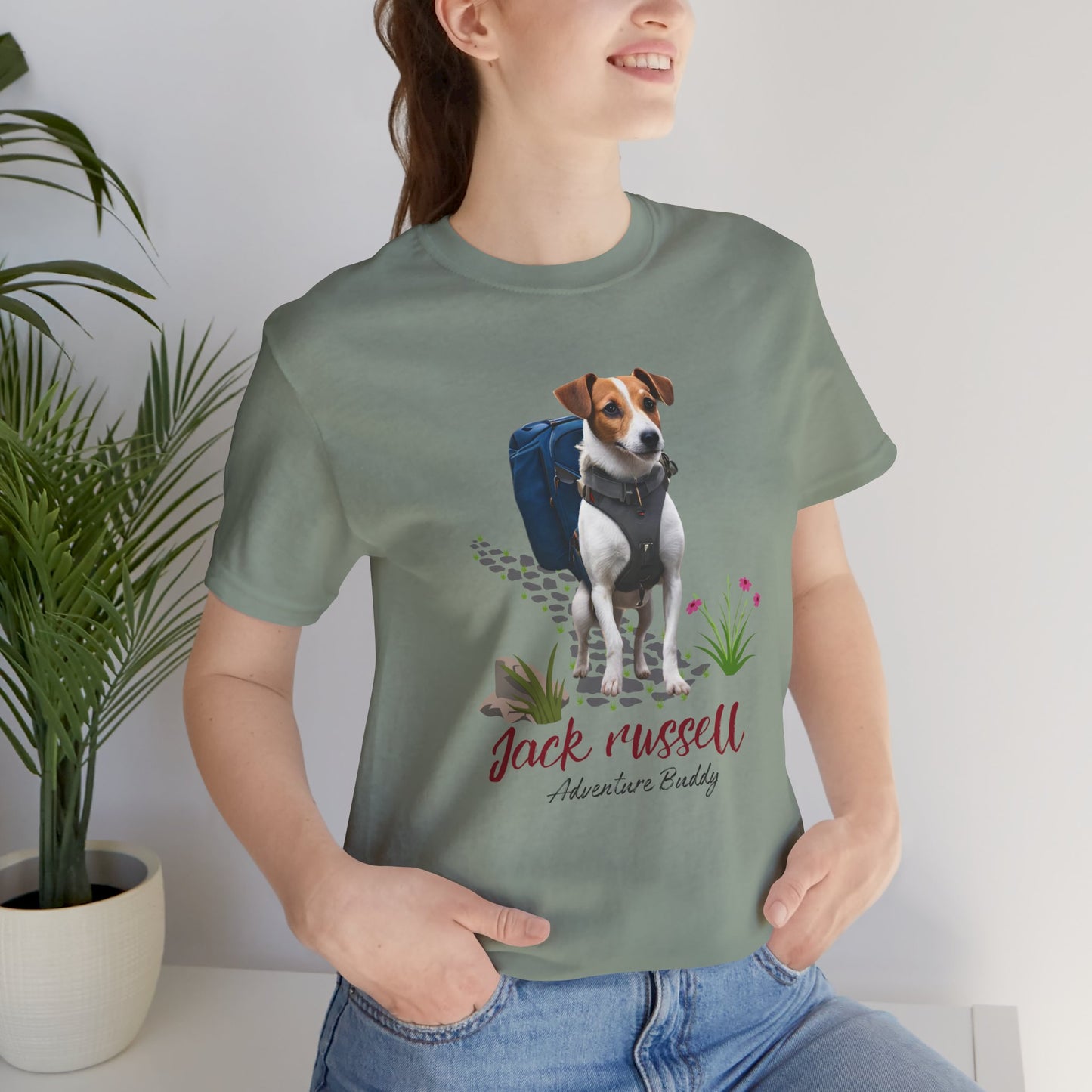 Woman wearing Sage green Jack Russell Adventure Buddy hiking dog t-shirt