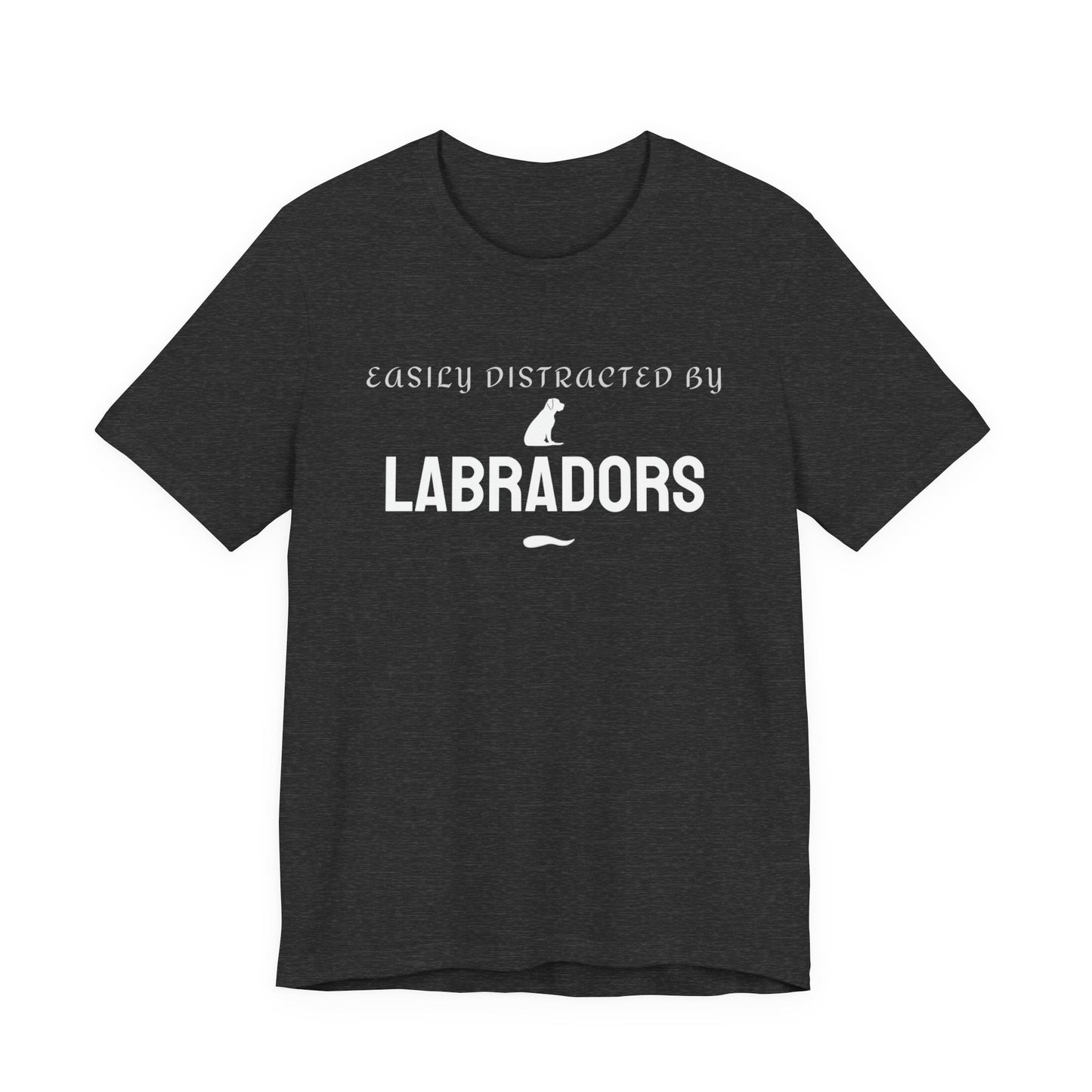 Black Labrador slogan tee laid flat showing the Easily Distracted by Labradors print